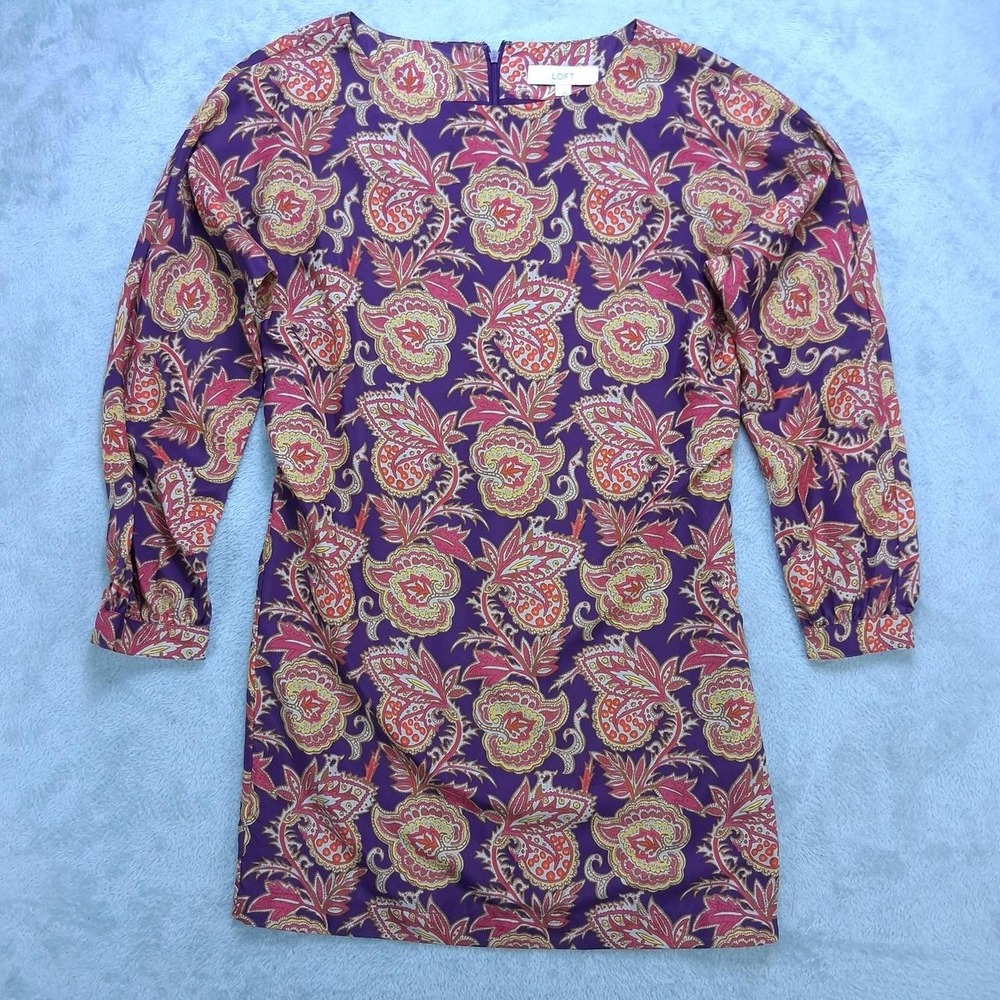 LOFT Womens Small Purple Paisley Floral Long Sleeve Shift Dress Boho Retro